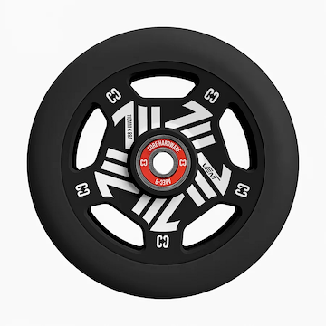 The CORE Vent 110mm Stunt Scooter Wheel - Black features a lightweight, five-spoke white and silver metal core, red “C3 Core Hardware” bearing, modern angular design, and “110MM 88A” text. Brand: CORE.