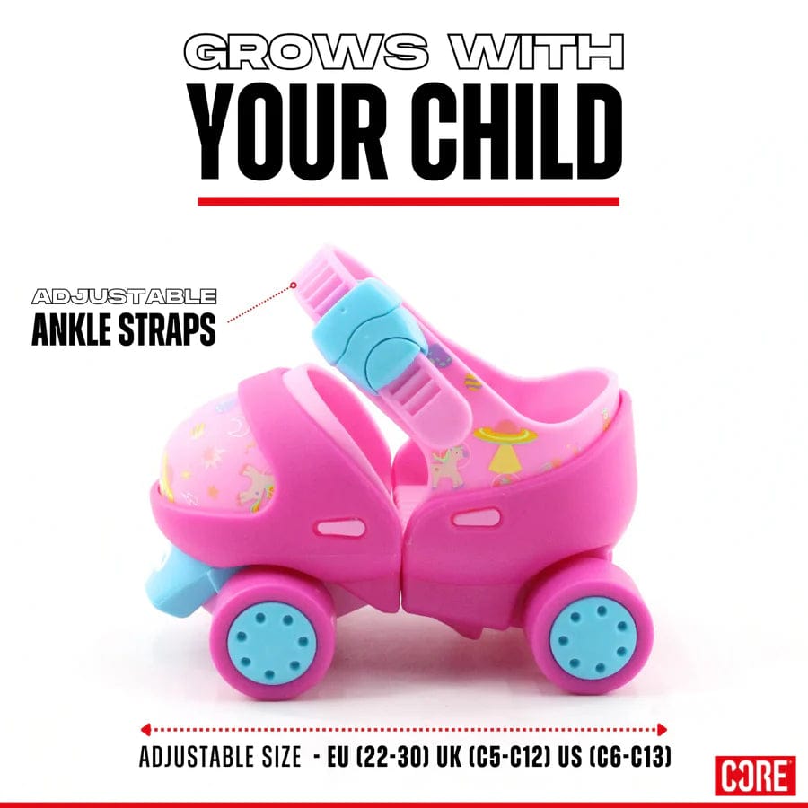 The CORE Kids Stomp & Roll Adjustable Learner Skates - Pink, crafted by CORE, are ideal for children, showcasing a vibrant pink design with teal wheels and ankle straps. These skates offer adjustable sizing ranging from EU (22-30), UK Sizes 5J-12J, and US (C6-C13), allowing them to grow alongside your child.