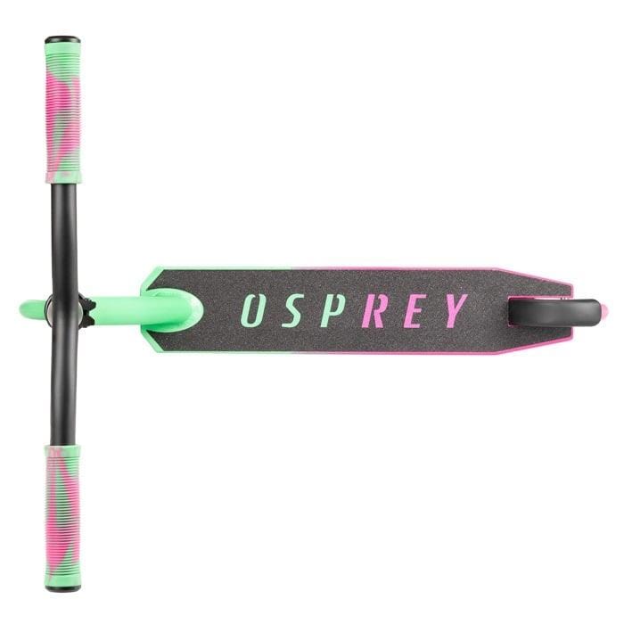 Top view of the Osprey Bomb Complete Stunt Scooter - Pink / Green by Osprey, perfect for beginners, with green and pink handle grips, a matching deck logo, and "OSPREY" in bold on the deck.