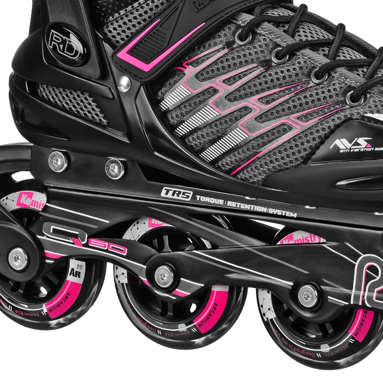 Close-up of the Roller Derby Aerio V2 Q-60 Women's Inline Skates in black/pink, featuring four wheels, detailed chassis with TRS branding, mesh upper with pink accents and laces, plus comfort memory padding for support.