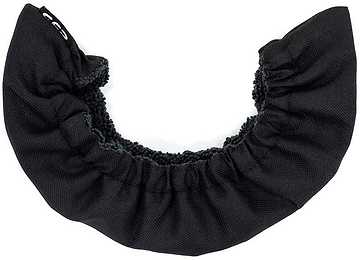 The SFR Ice Skate Blade Soakers - Black, by SFR, features a black semi-circular padded band with an elastic edge and fleece interior. It serves as a warm, absorbent microfiber cover, likely providing moisture protection for clothing or furniture.