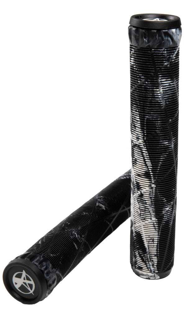 Two Addict OG Swirl Black / Grey Stunt Scooter Grips (180mm) made from durable TPR, each with a textured surface and circular logo on the end caps—one grip upright, one horizontal. Brand: Addict.