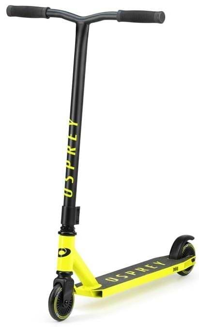 The Osprey Bomb Complete Stunt Scooter - Yellow features a T-shaped handlebar, black wheels, and "OSPREY" graphics on the stem and deck—ideal for beginners or entry-level stunt scooter riders.