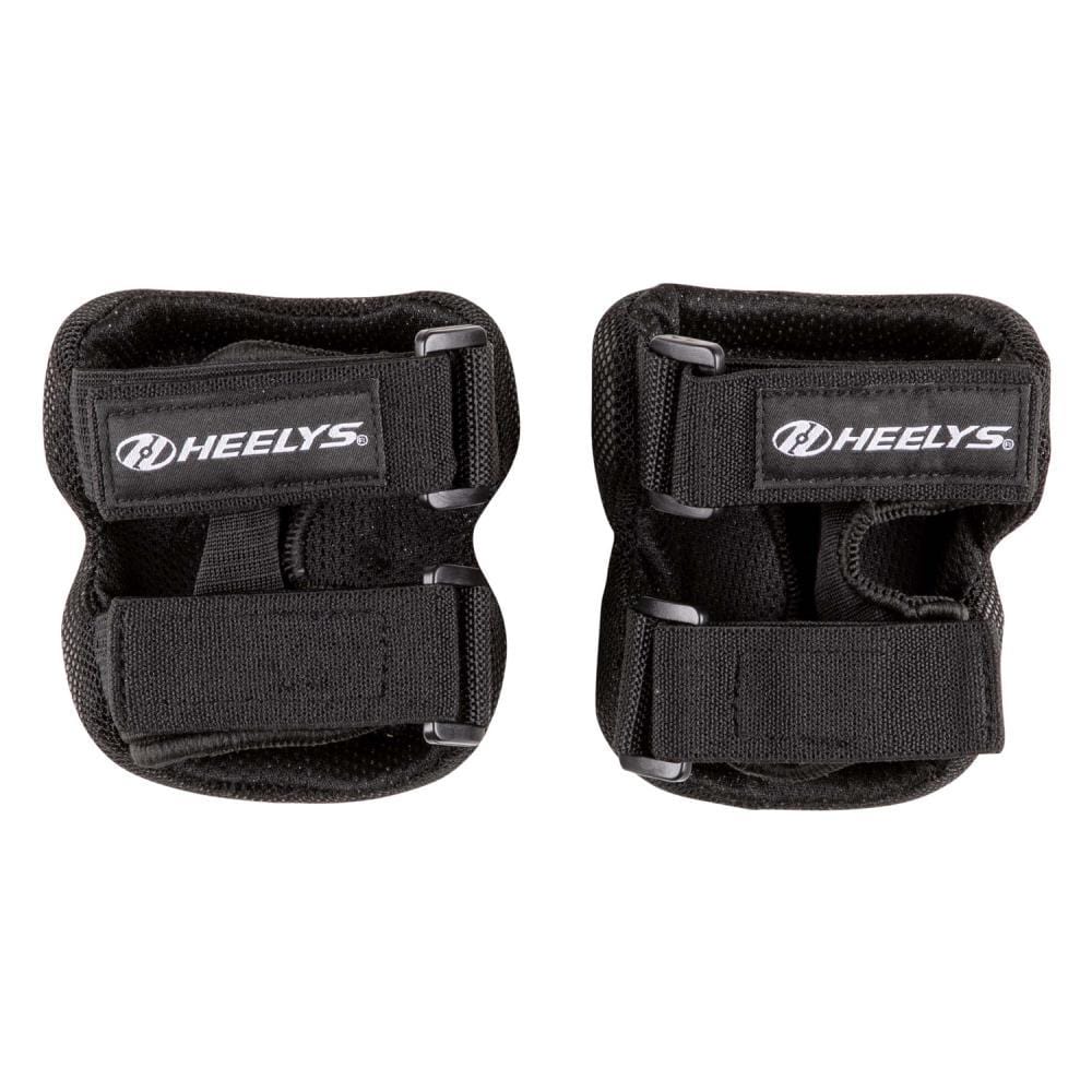 A pair of black and white Heelys F2 Junior Triple Skate Protection Pad Sets with adjustable straps and EPE foam, featuring the Heelys logo, are displayed side by side on a white background.
