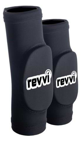 The Revvi Kids Elbow MTB Protection Pads - Black provide durable impact protection, featuring the "revvi" logo in white on the front for reliable and lasting elbow safety.