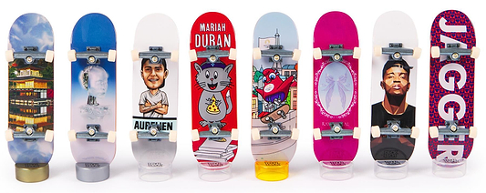 Tech Deck Olympic Competition Legends Fingerboards 8-Pack features eight unique boards with bold graphics—including a cityscape and "JAGGER"—celebrating legendary competitors and the spirit of the Paris 2024 Olympic Games.