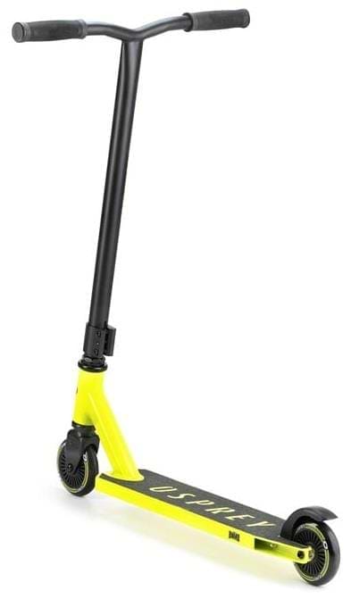 The Osprey Bomb Complete Stunt Scooter - Yellow features a T-shaped handlebar, compact wheels, and a deck labeled "OSPREY"—ideal for beginner riders or as an entry-level scooter.