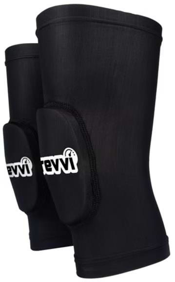 Revvi Kids Knee MTB Protection Pads - Black feature white lettering on the padded area and are designed by Revvi to provide kids with superior impact protection during sports or physical activities.