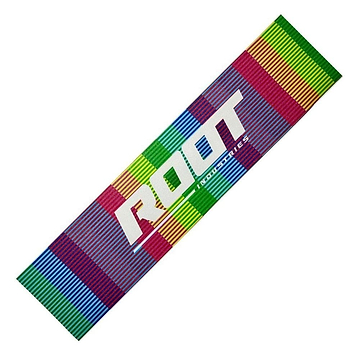 Introducing the Root Industries Stunt Scooter Griptape - Transmission, a vibrant rectangular piece featuring a rainbow stripe pattern with "ROOT" in white at its center. Crafted from high-quality materials, it offers superior grip with striking hues of red, blue, green, yellow, and purple.