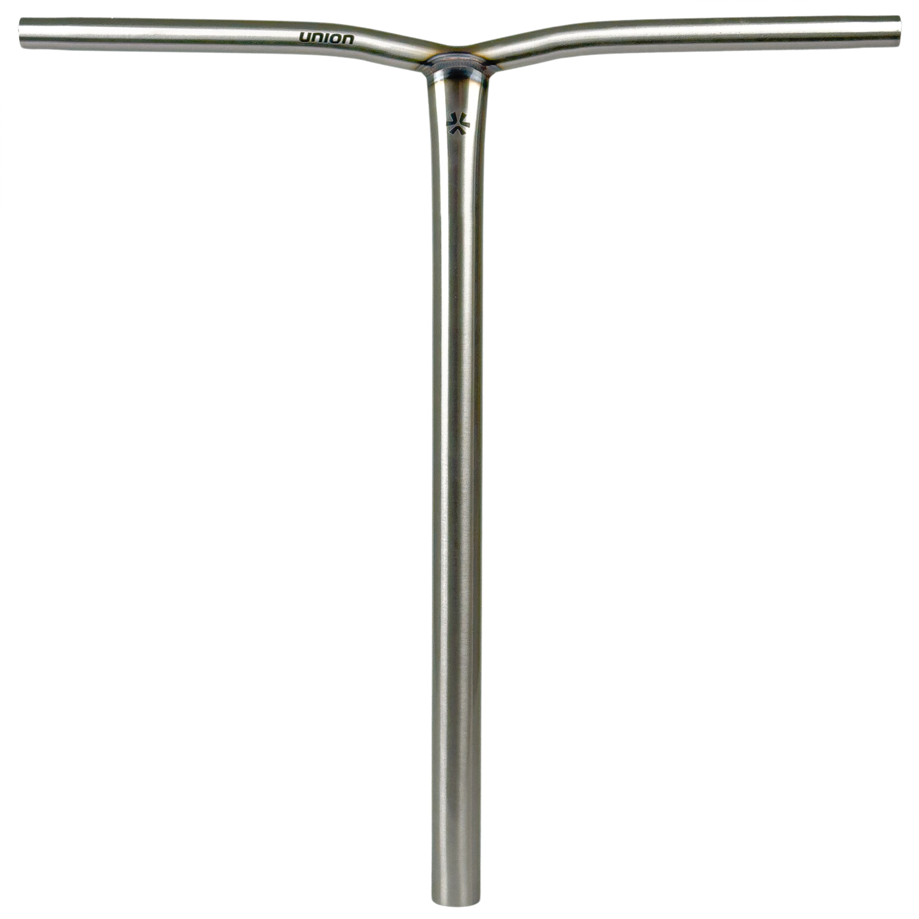 The Union Uniq Bend Steel Standard IHC Stunt Scooter Bar in silver (650mm x 600mm) by Union features chromoly steel construction and a T-shaped design with a small logo and "union" printed near the top center.