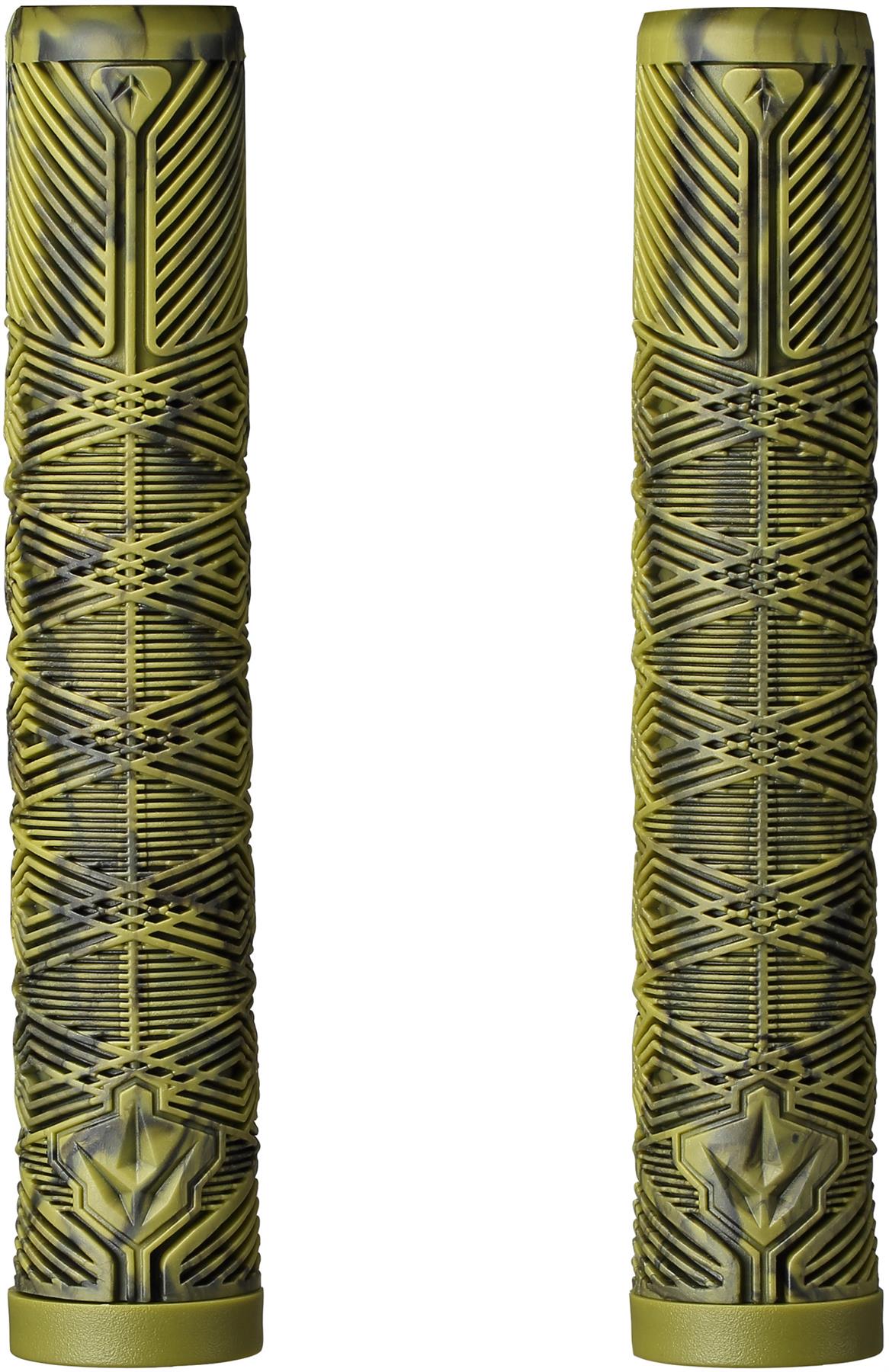 A pair of Blunt Envy V3 Olive / Black Stunt Scooter Grips (160mm) with geometric texture and camouflage pattern stand upright against a white background—perfect for stunt scooters.