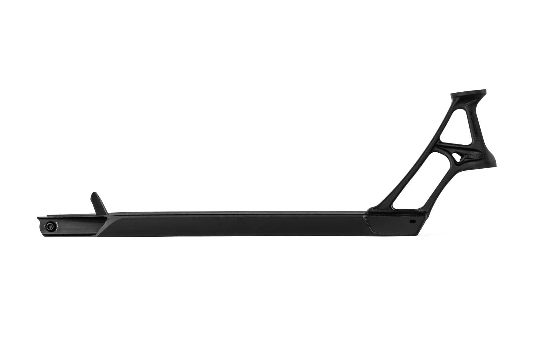 The Ethic DTC Pandemonium V2 Black Stunt Scooter Deck - 5.1" x 18.1" is a lightweight, black scooter deck crafted with 6061-T6 aluminum. Its cutout design on the neck and sleek, streamlined shape contribute to making it one of the lightest options for peak performance.