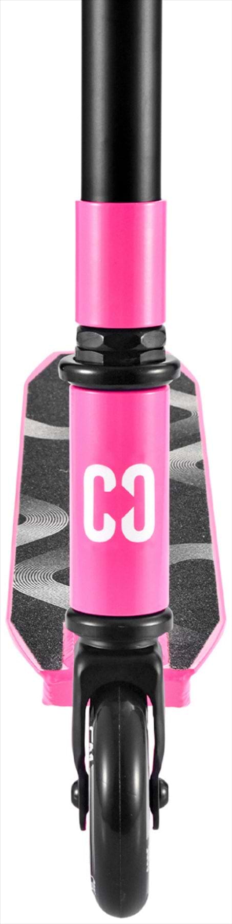 Front view of the CORE CA1 Beginner Complete Stunt Scooter in pink by CORE, featuring a black wheel, textured foot deck, and a white "C" with backward "C" logo on the front.