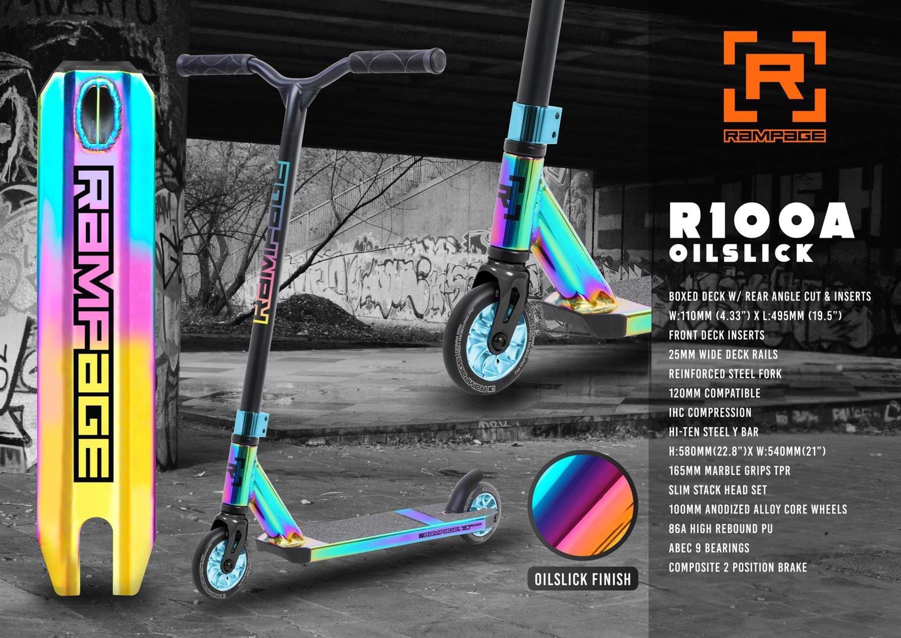 The Rampage R100A Complete Stunt Scooter in Oil Slick Neochrome features a boxed deck, black handlebars, and the Rampage logo, with key specs listed beside this vibrant park scooter and branding in the top right corner.