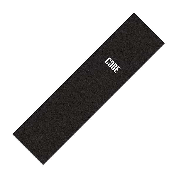 Introducing the CORE Stunt Scooter Griptape - Stamp, a black mat featuring the "CORE" logo in white at one end. This product delivers ultimate grip with its lightly textured surface, reminiscent of yoga mats designed for those eager to enhance their workout experience with dependable support.