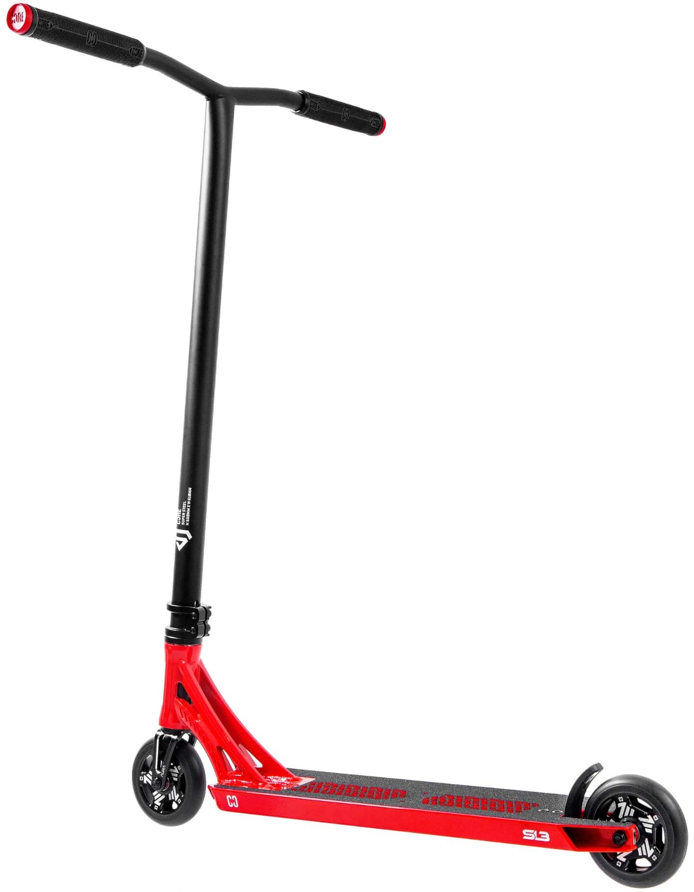 The CORE SL3 Complete Stunt Scooter by CORE, in red and black, features a wide handlebar, black deck with red accents, and a lightweight build—ideal for tricks and freestyle riding at the skatepark.