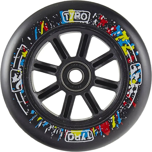 The Longway Tyro 100mm Nylon Core Scooter Wheel in black has a central bearing, 88A urethane, and multiple spokes. It features colorful paint splatters and "TYRO" printed twice on the outer edge.