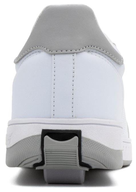 Rear view of the Breezy Rollers Classic Shoes - White / Grey by Breezy Rollers, featuring a light gray heel tab and outsole, textured sole, back seam stitching, and a patented wheel system for effortless walking or rolling.