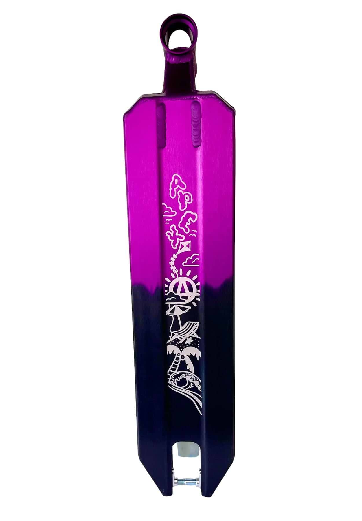 The Apex Pro Life's a Beach Special Edition Purple / Black Scooter Deck (5" x 19.3") features white engraved abstract and geometric graphics—a standout Apex deck built for style and top performance.