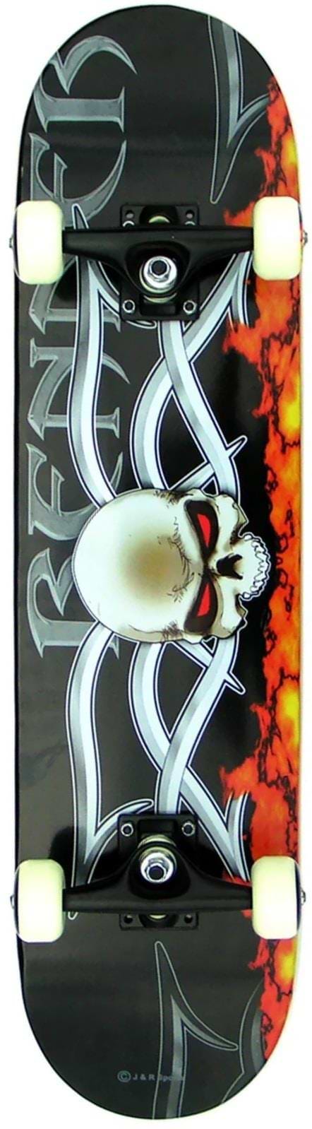 The Renner A19 Devil's Eye Complete Skateboard (7.75" x 31") features a 9-ply Chinese maple deck with skull, red eyes, tribal silver art, and orange flames on black—ideal for beginners. Brand: Renner. White wheels included.