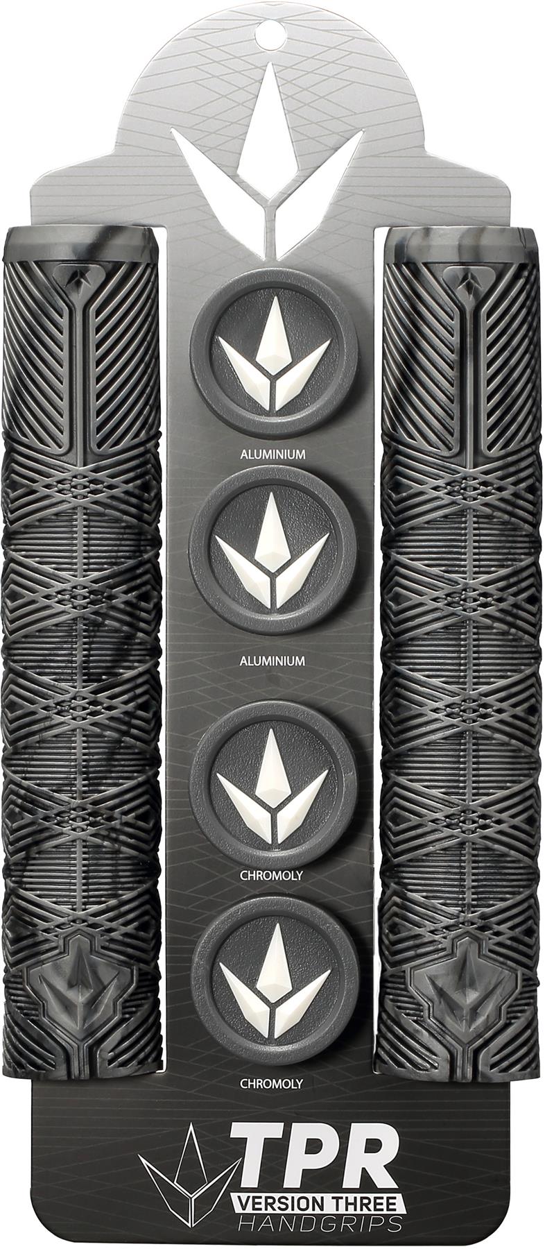 Blunt Envy V3 Grey / Black Stunt Scooter Grips - 160mm are shown vertically on branded packaging with four circular end caps labeled "Aluminum" and "Chromoly." The geometric design highlights these must-have scooter accessories.