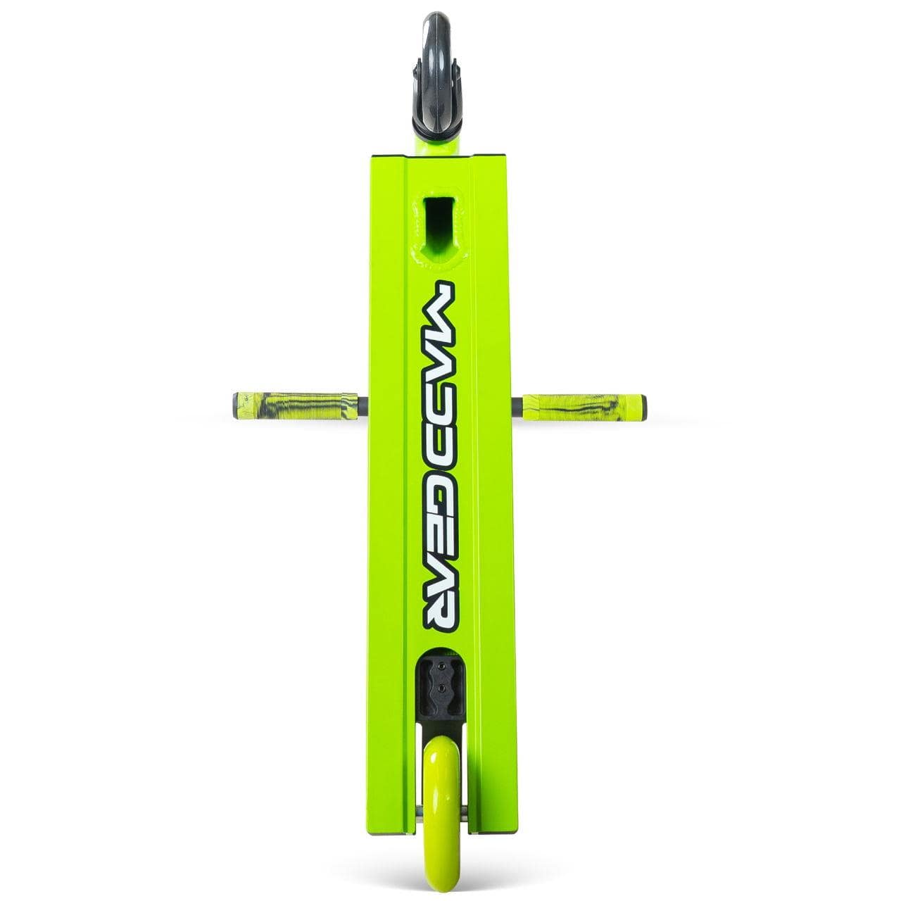 Top-down view of the Madd Gear MG 1 Raven Complete Stunt Scooter in Lime/Black, featuring high-speed ABEC-5 chrome bearings, front and rear wheels, trick pegs on both sides, and Madd Gear (MGP) branding.