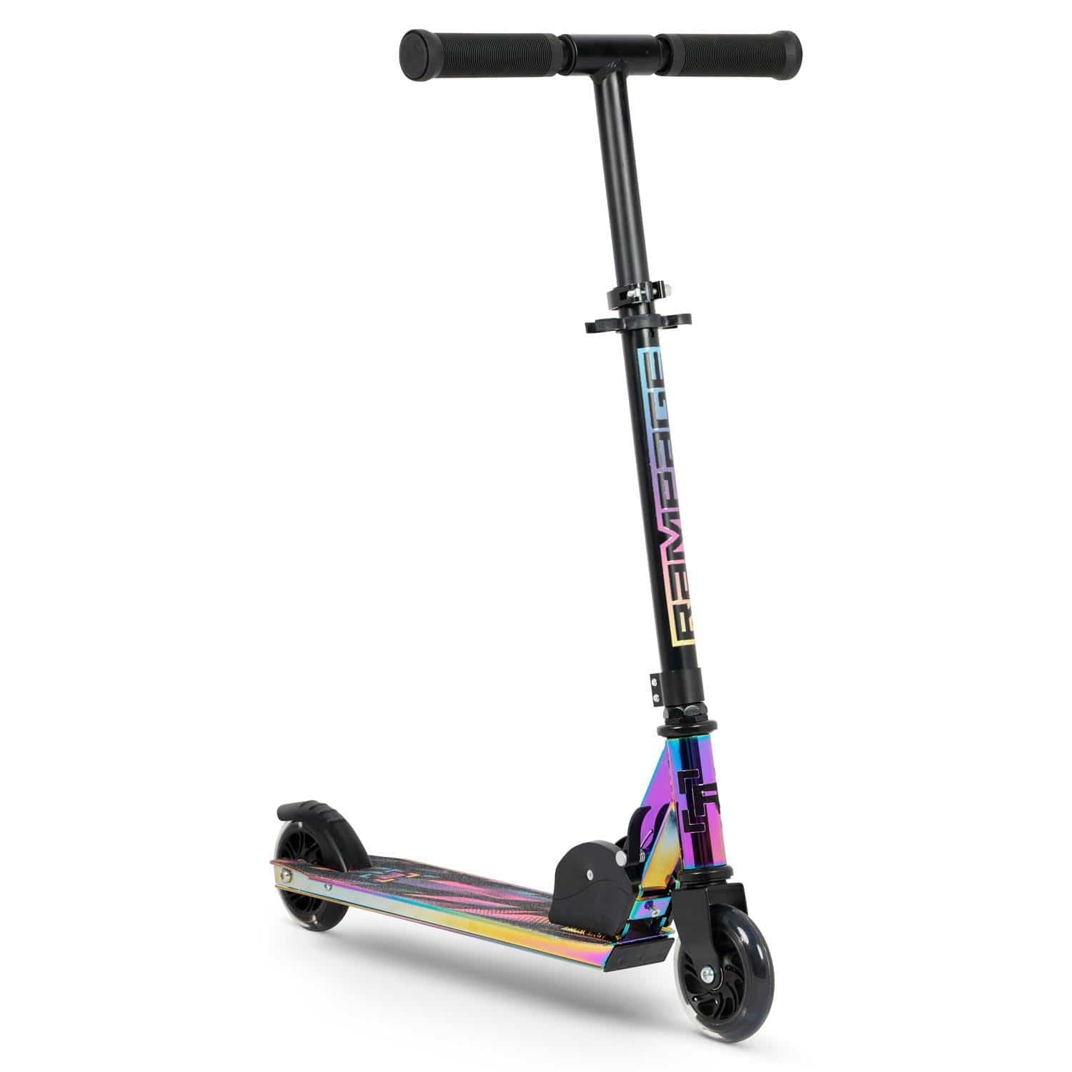 The Rampage Light Up Foldable Kick Scooter in Neochrome/Black by Rampage features black handlebars, LED wheels, a sturdy deck, and reflective finish. It's shown angled on a white background.