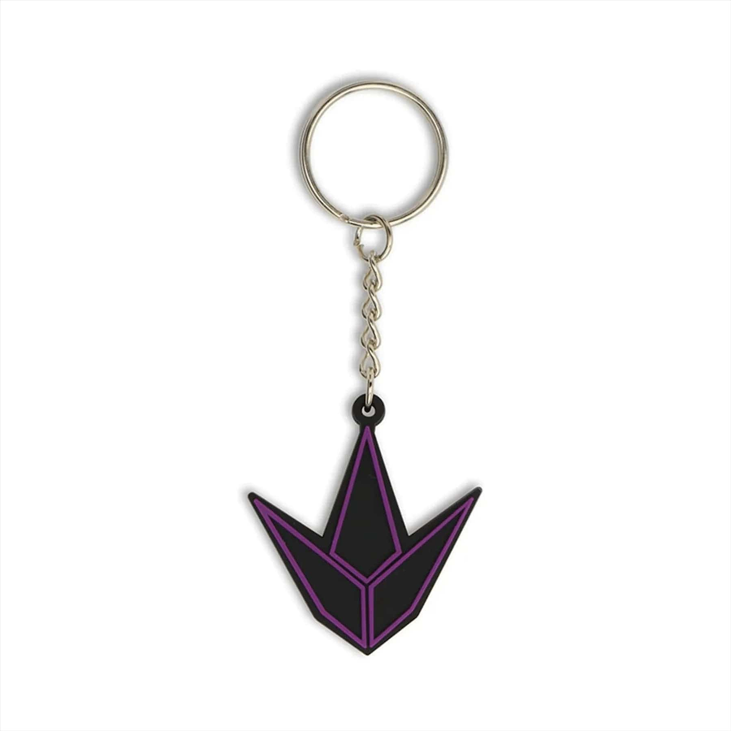 The Blunt Envy Logo Keyring - Black / Purple features a stylish, angular geometric pendant outlined in purple, resembling a downward arrow, attached to a metal key ring by a short chain.