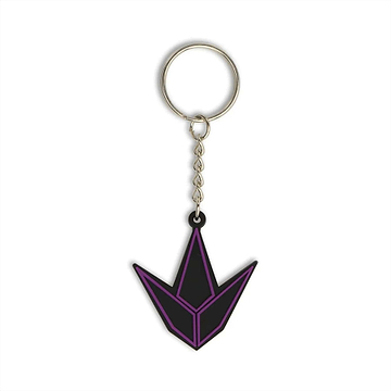 The Blunt Envy Logo Keyring - Black / Purple features a stylish, angular geometric pendant outlined in purple, resembling a downward arrow, attached to a metal key ring by a short chain.