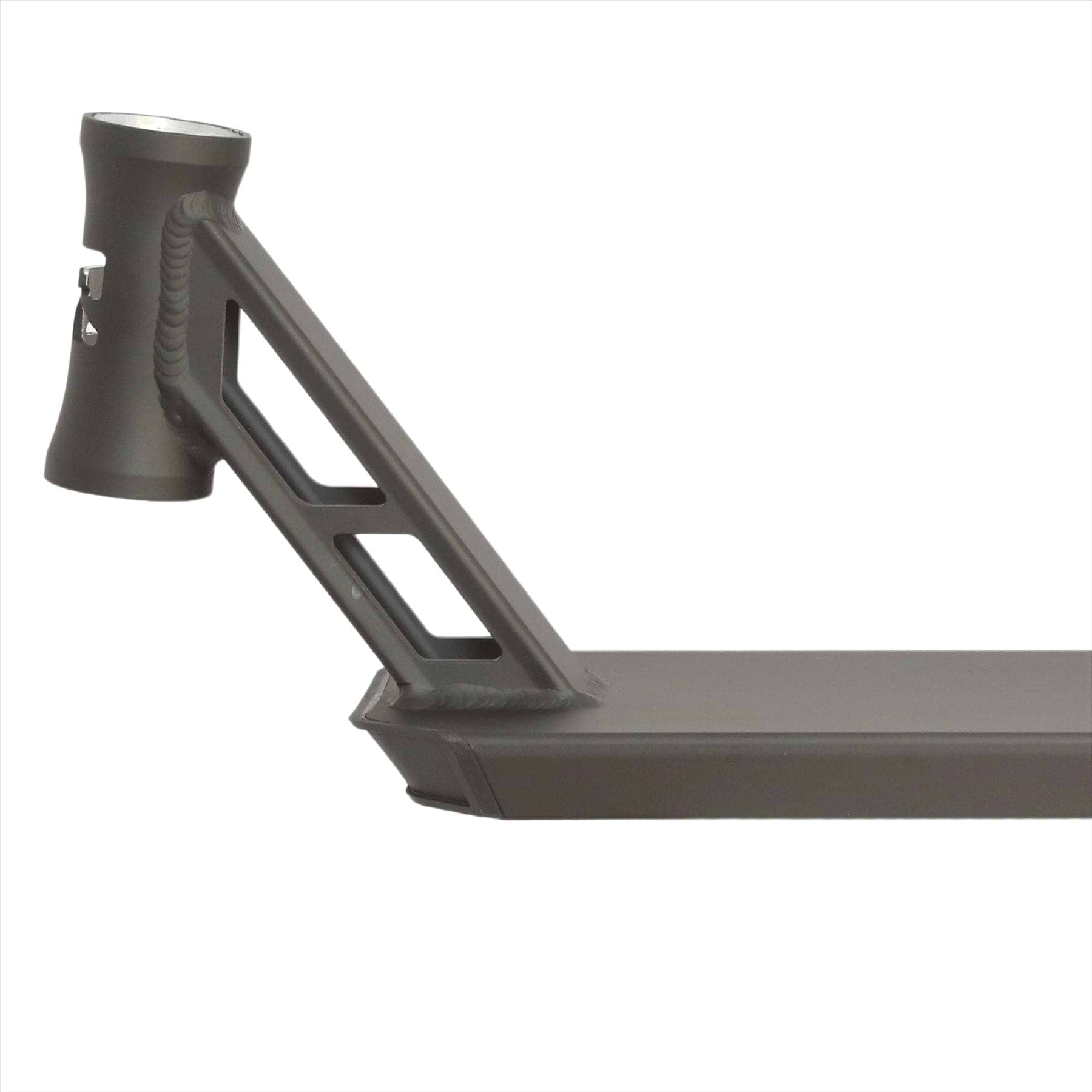A close-up of the Root Industries Type R GT Black Stunt Scooter Deck - 5" x 18.5" showcases its integrated head tube and cutout design. The image highlights the lightweight performance and sleek, minimalist structure of this scooter component against a plain white background.
