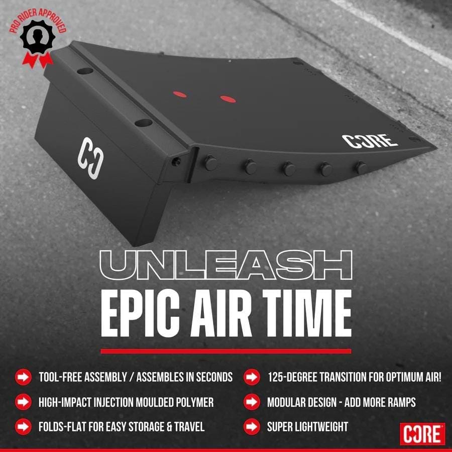 A CORE Mini Wave Skate Ramp Set - 2 Kickers & Bridge by CORE rests on pavement. Text says "Unleash Epic Air Time" with icons for a seamless wave ramp, tool-free assembly, lightweight build, and modular ramps for skaters.