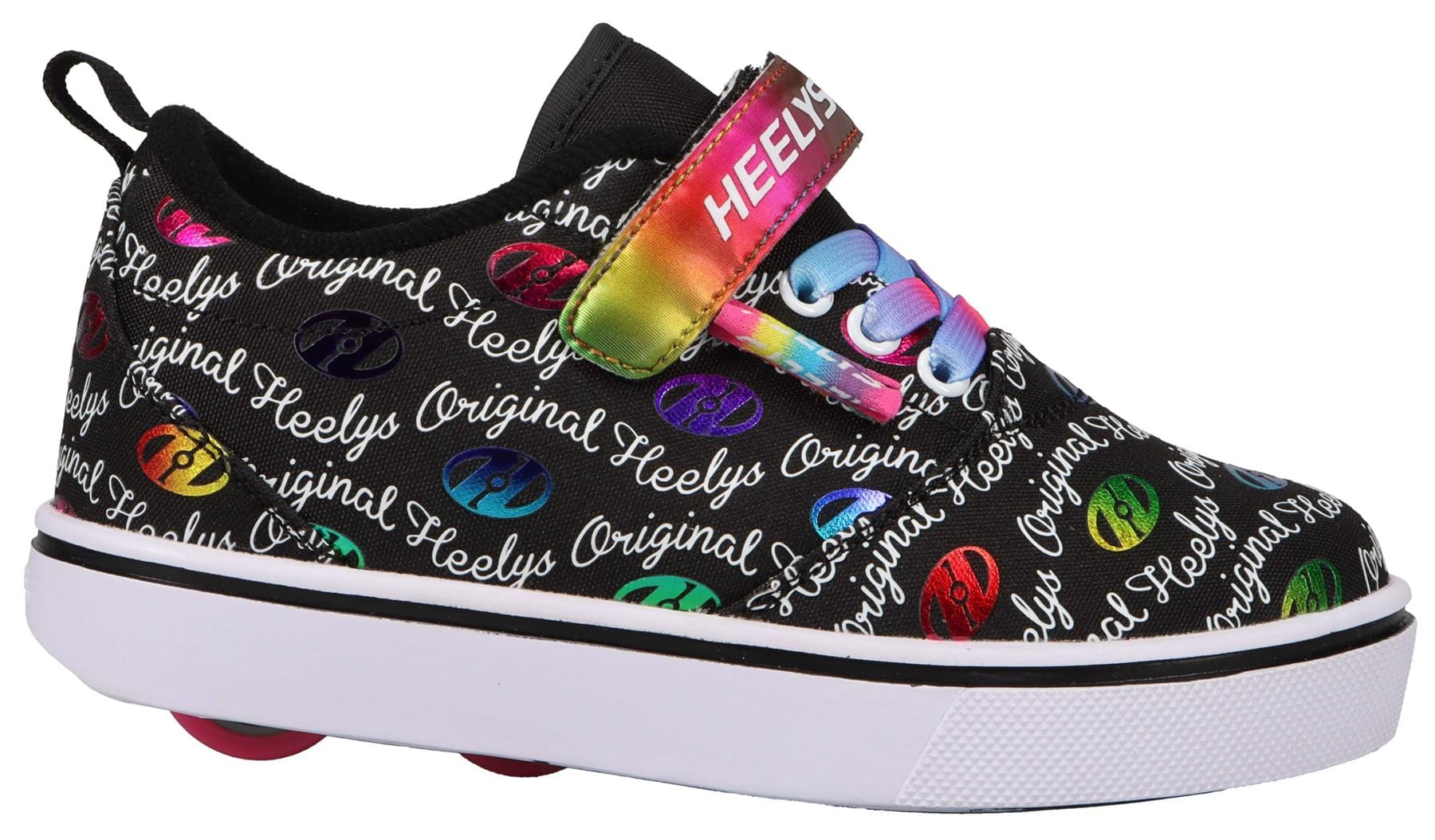 The Heelys Pro 20 X2 Girls Shoes by Heelys feature a black upper with "Heelys Original" text and multicolored logos, a rainbow strap, white sole, and dual visible wheels in the heel.