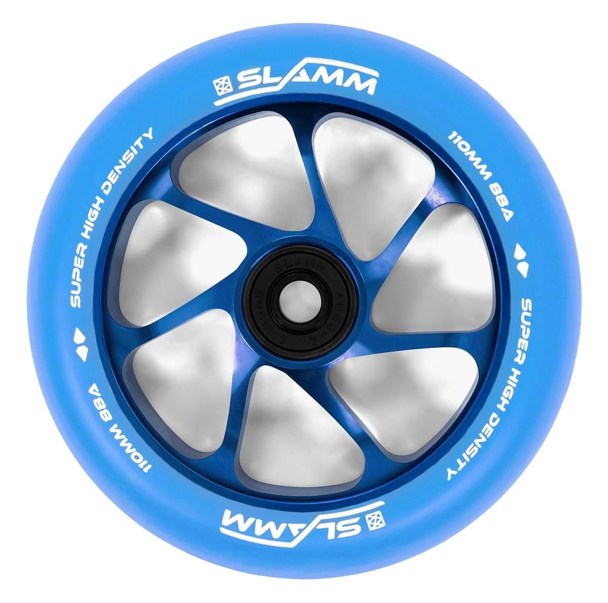 The Slamm Team 110mm Stunt Scooter Wheel in Blue/Blue features a black aluminum core, silver spokes, and white "SLAMM SUPER HIGH DENSITY 110MM 88A High-Density PU Construction" text along the edge.