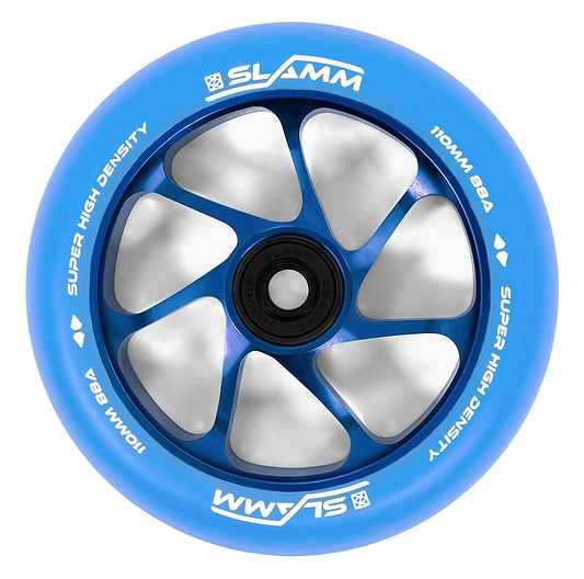 The Slamm Team 110mm Stunt Scooter Wheel in Blue/Blue features a black aluminum core, silver spokes, and white "SLAMM SUPER HIGH DENSITY 110MM 88A High-Density PU Construction" text along the edge.