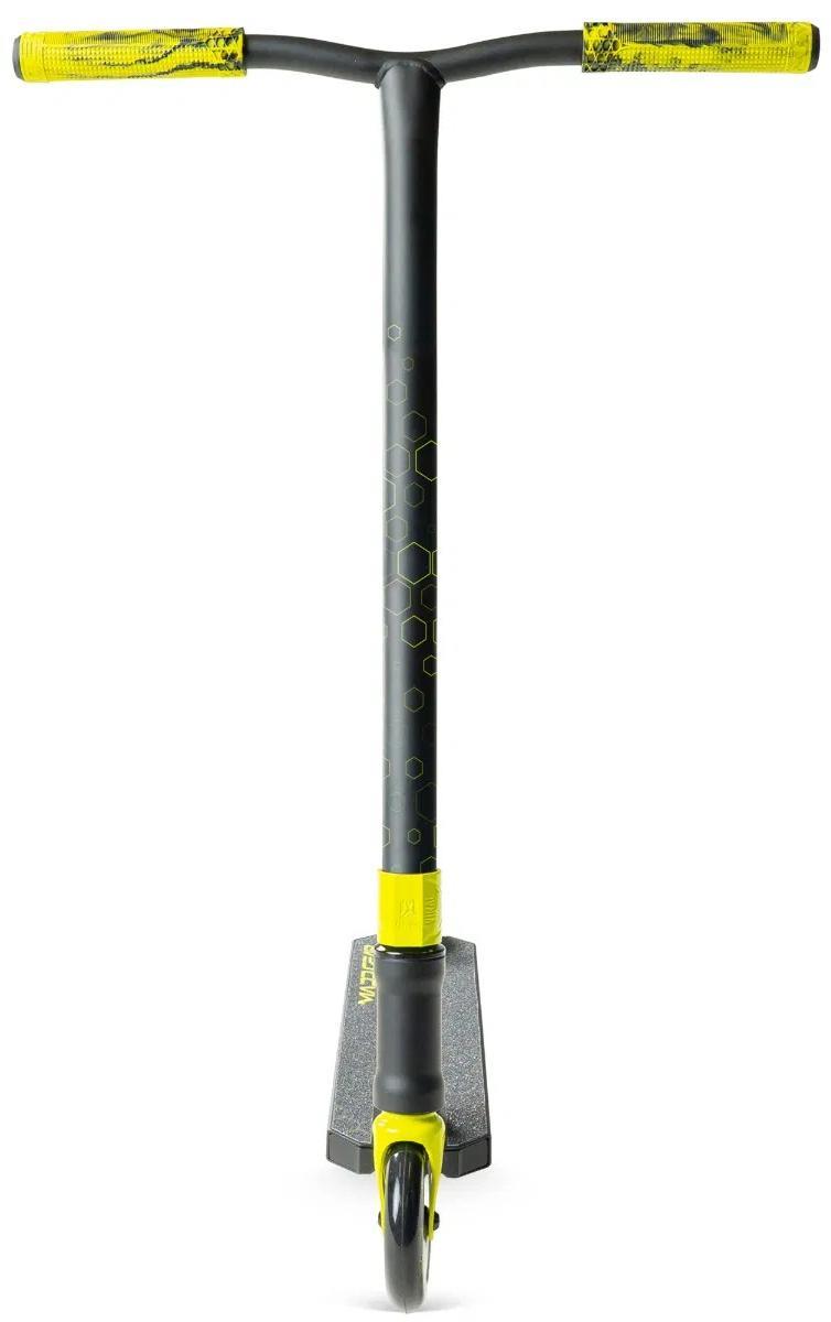 The Madd Gear Viral Rave Complete Stunt Scooter - Neon features a T-shaped handlebar, textured grips, single front wheel, and wide deck with geometric patterns—ideal for kids’ tricks and fun.
