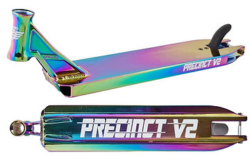 The Longway Precinct V2 Neochrome Stunt Scooter Deck (4.9" x 22") shines with a rainbow finish, bold white "PRECINCT V2" lettering, and metallic hardware—ideal for riders who want standout style from a trusted Longway design.