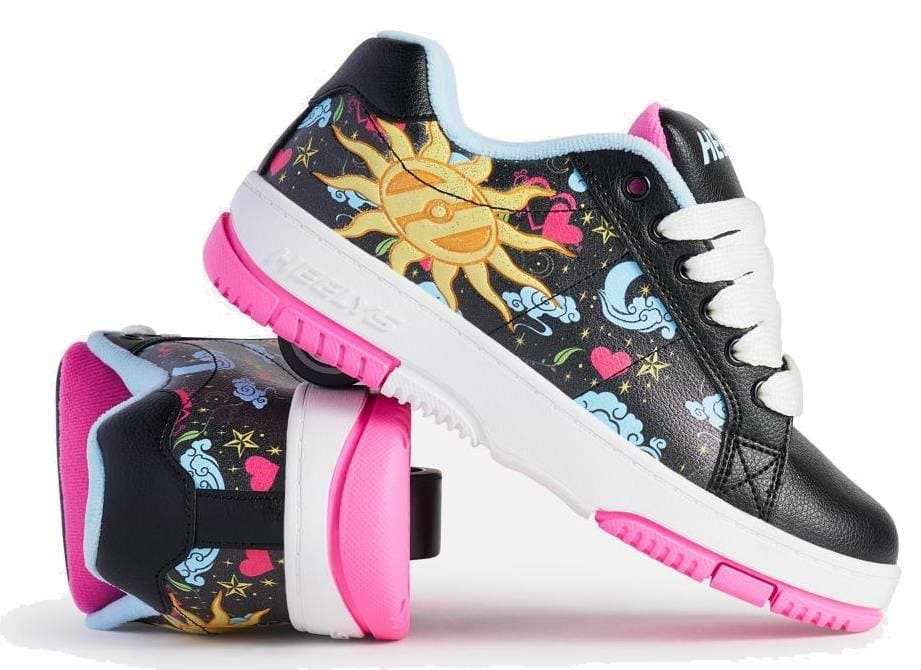 Heelys Kolect Prints Girls Shoes by Heelys in black, blue, and neon pink feature vibrant designs of suns, clouds, stars, and hearts. They have white laces and soles with bright pink accents, plus a retractable wheel for rolling fun.