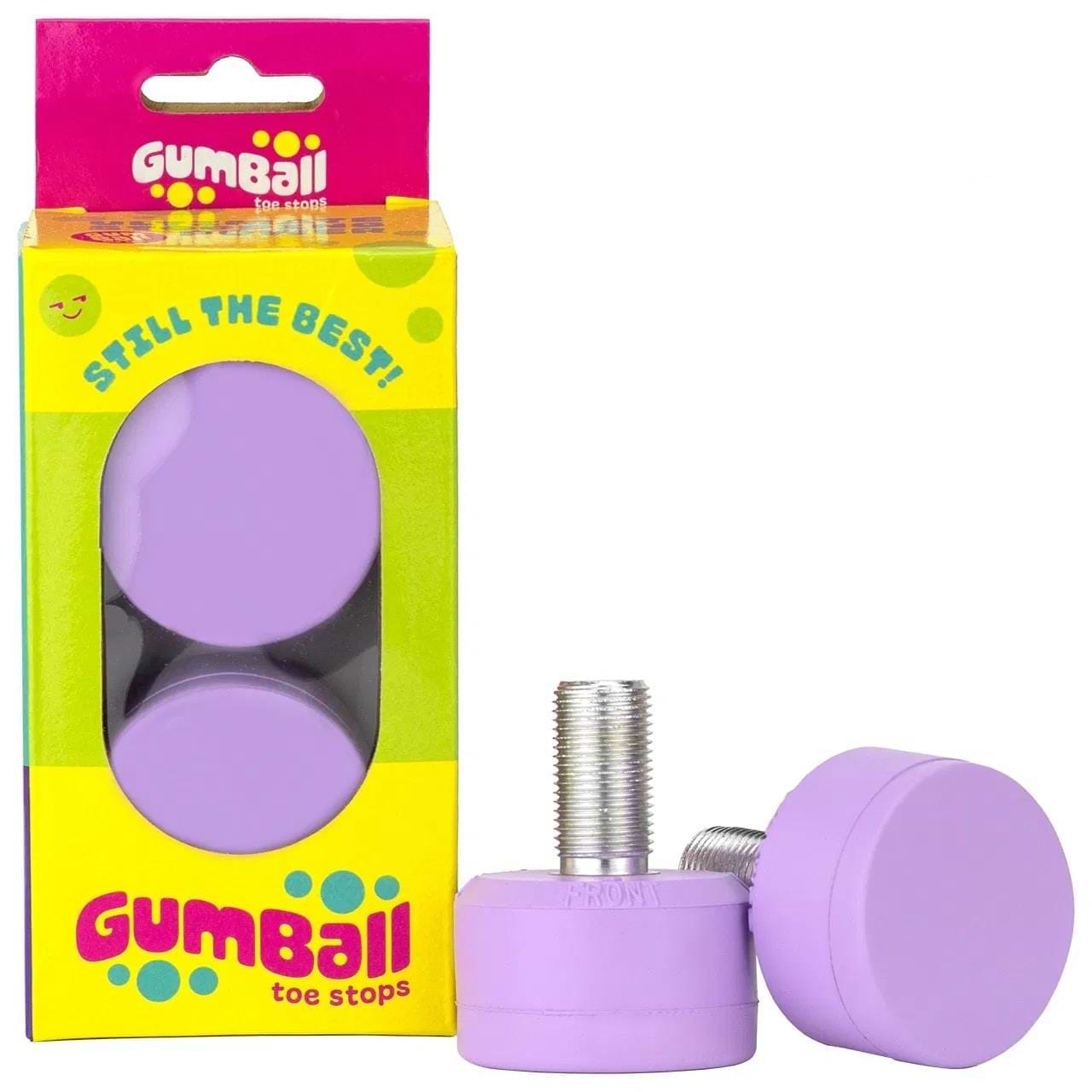 A pair of Gumball Roller Skate Long 30mm 83A Toe Stops in grape purple highlights their unmatched stopping power. One toe stop stands upright and the other lies down in a pink and yellow box with transparent windows, boasting, "Still the Best!" for optimal skating control.