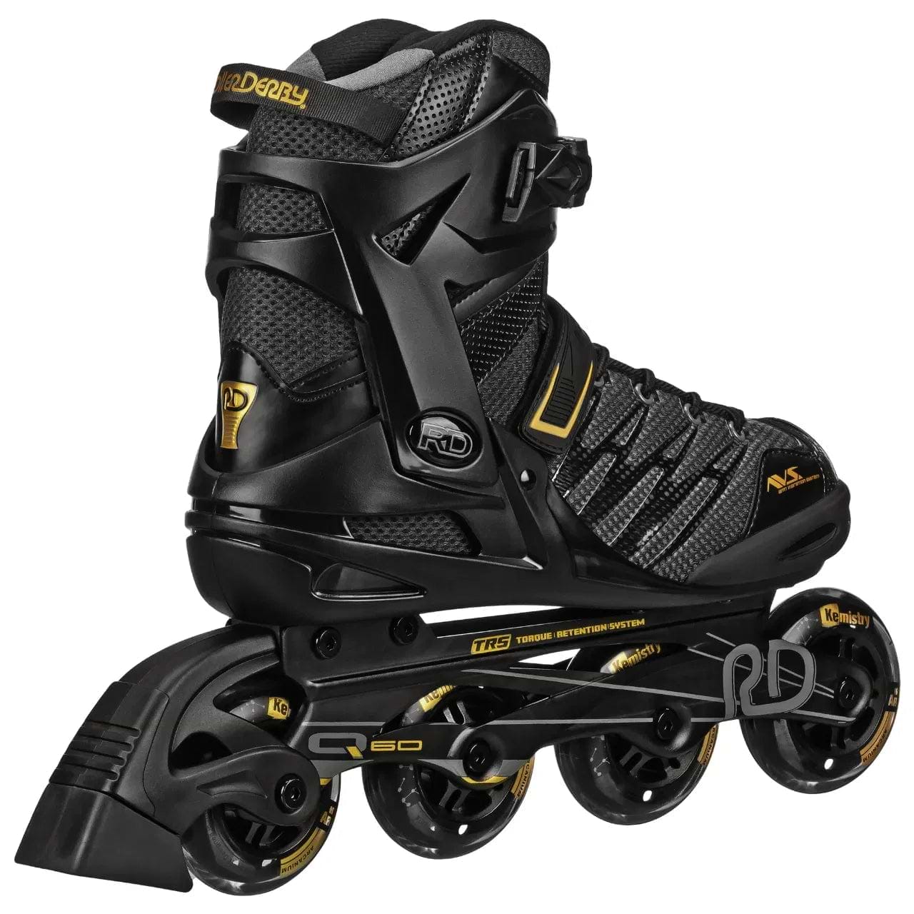 The Roller Derby Aerio V2 Q-60 Men's Inline Skates in black/gold feature four 80mm Elite speed wheels, a sturdy cuff, mesh padding, and secure straps for style and performance. Branding accents highlight the boot and frame.