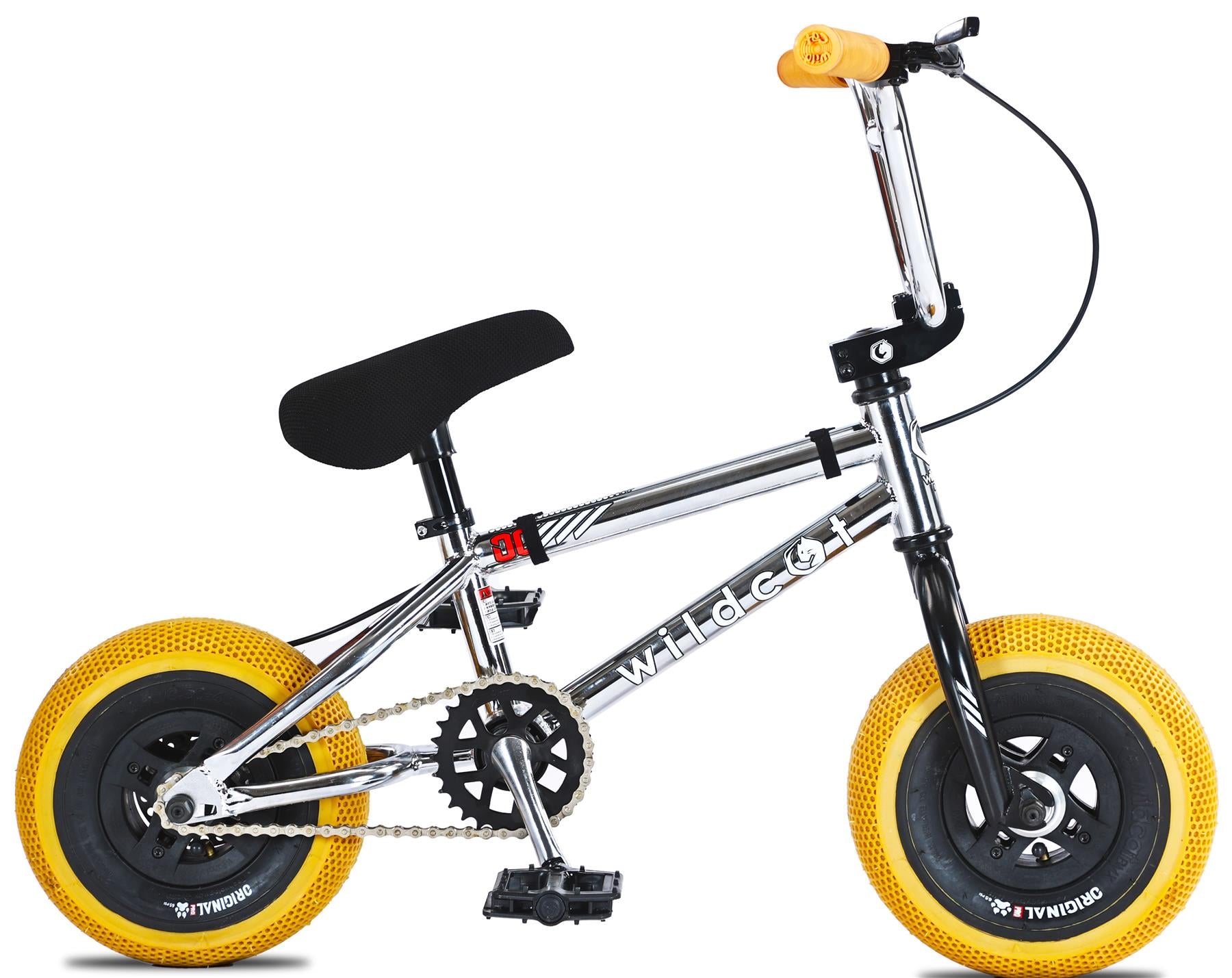 The Wildcat OG 3A Mini BMX Bike - Galaxy Gum is a small chrome BMX with thick PRO Street 65PSI tyres, black pedals and seat, yellow grips, CNC aluminium wheel rims, and "Wildcat" in white on the frame.