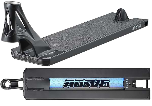 The Blunt Envy AOS V6 Squad Black Stunt Scooter Deck (5.5" x 22") is shown from two angles: the top reveals its textured standing surface, while the bottom features the holographic "AOSV6" logo.