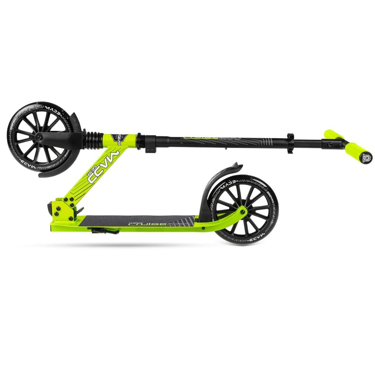 The Madd Gear Metro Cruise 250 Foldable Commuter Scooter by MGP in Black/Lime features large wheels, an adjustable handlebar, and a compact side-fold design—ideal for commuting.