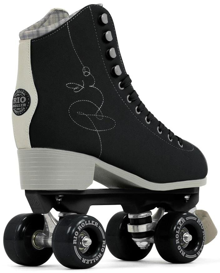 The Rio Roller Signature Quad Roller Skates in Black feature a vegan-friendly black and cream high-boot design with black laces, decorative white swirl stitches, four black wheels, a sleek black plate, and the brand logo displayed on the side.