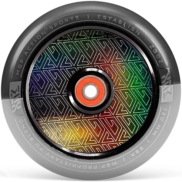 A close-up of the Madd Gear MFX Corrupt Core 120mm Stunt Scooter Wheel in black and grey, featuring a geometric core design and bold "MGP ACTION SPORTS | ESTABLISH 2002 | 120 MM | 88A" text around the rim.
