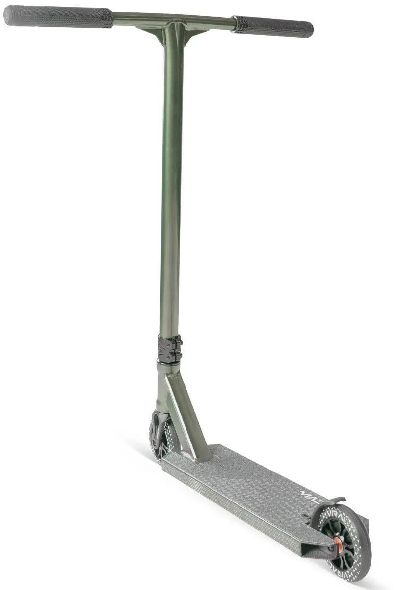 The Madd Gear Viral KAOS Complete Stunt Scooter - Forest features a green frame, black handlebar grips, a silver textured deck, and black wheels. The scooter, by Madd Gear (MGP), is shown on a white background.