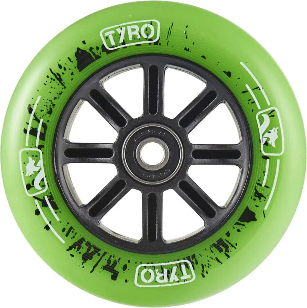 The Longway Tyro 110mm Nylon Core Scooter Wheel in green features a black, spoked nylon hub and splatter-style black graphics with "TYRO" in white twice on the outer rim.