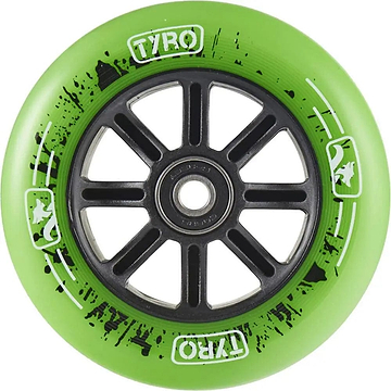 The Longway Tyro 110mm Nylon Core Scooter Wheel in green features a black, spoked nylon hub and splatter-style black graphics with "TYRO" in white twice on the outer rim.