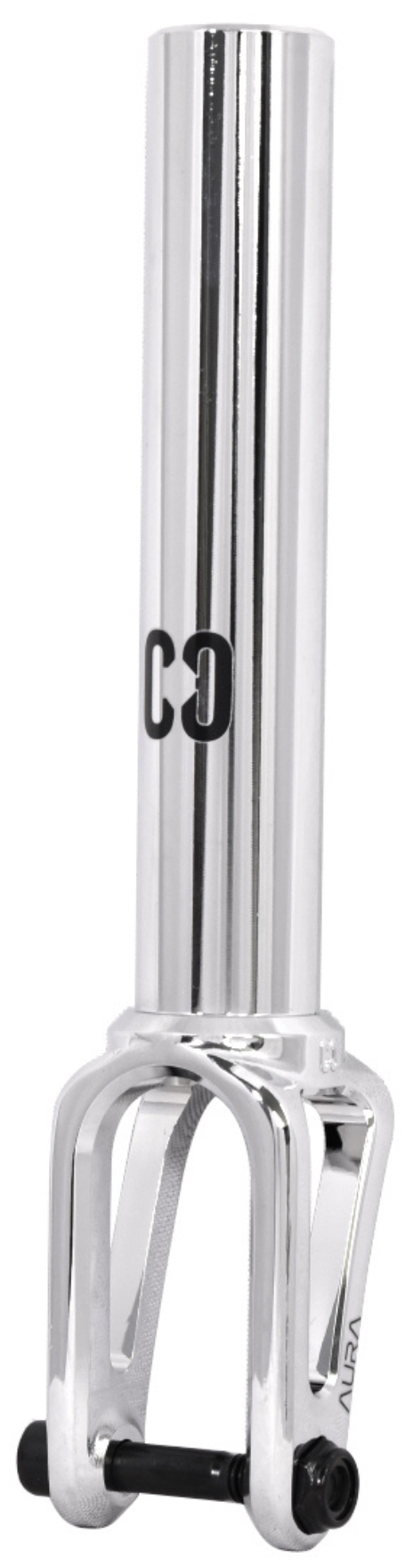 The CORE Aura SCS/HIC Stunt Scooter Forks in Chrome feature a shiny silver 7075 aluminium build with a cylindrical tube, curved lower arms, vertical "CG" logo on the tube, and a visible bolt at the bottom.