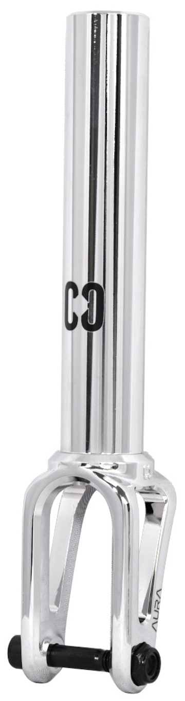 The CORE Aura SCS/HIC Stunt Scooter Forks in Chrome feature a shiny silver 7075 aluminium build with a cylindrical tube, curved lower arms, vertical "CG" logo on the tube, and a visible bolt at the bottom.