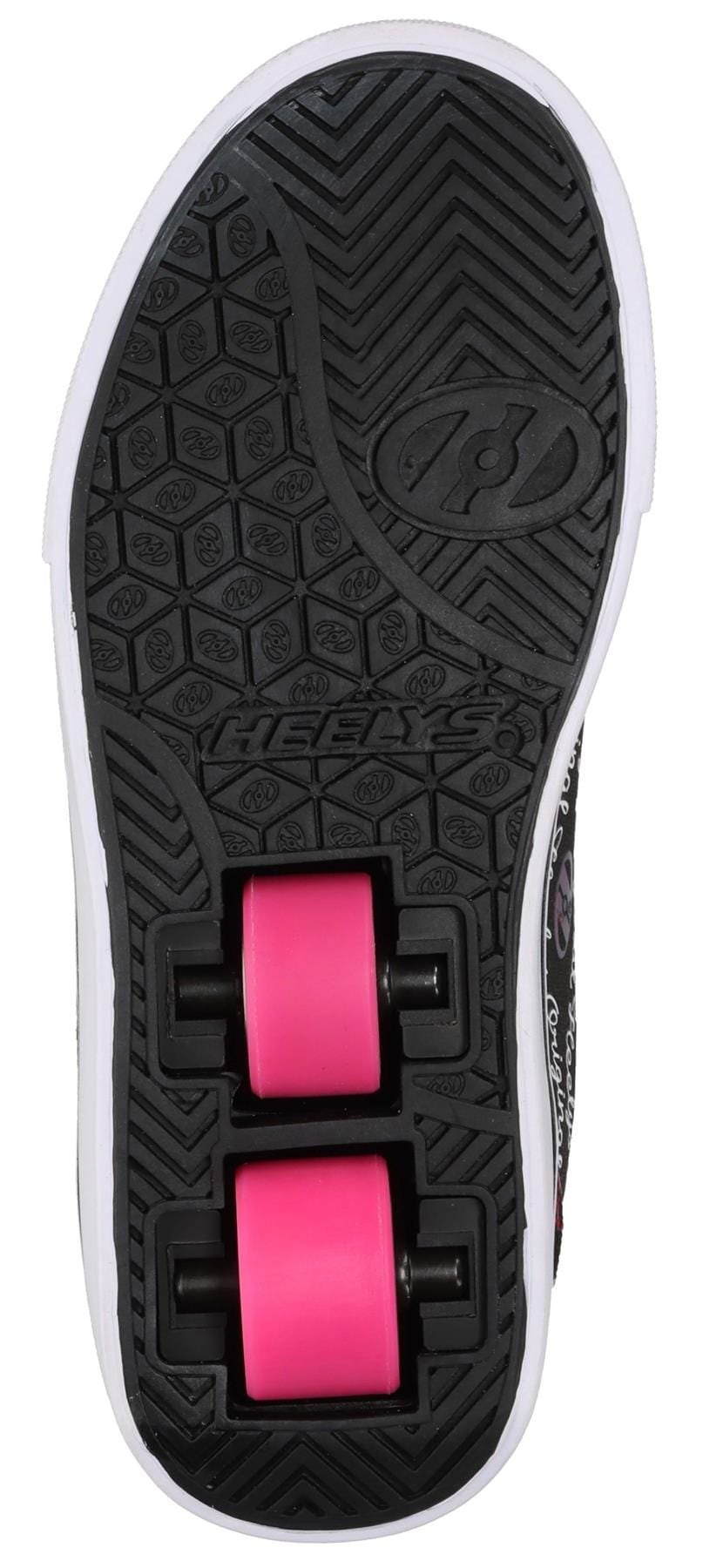 The Heelys Pro 20 X2 Girls Shoes by Heelys feature a black sole with textured grip, two vibrant wheels near the heel, and a stylish Black/White/Rainbow design for smooth rolling fun.